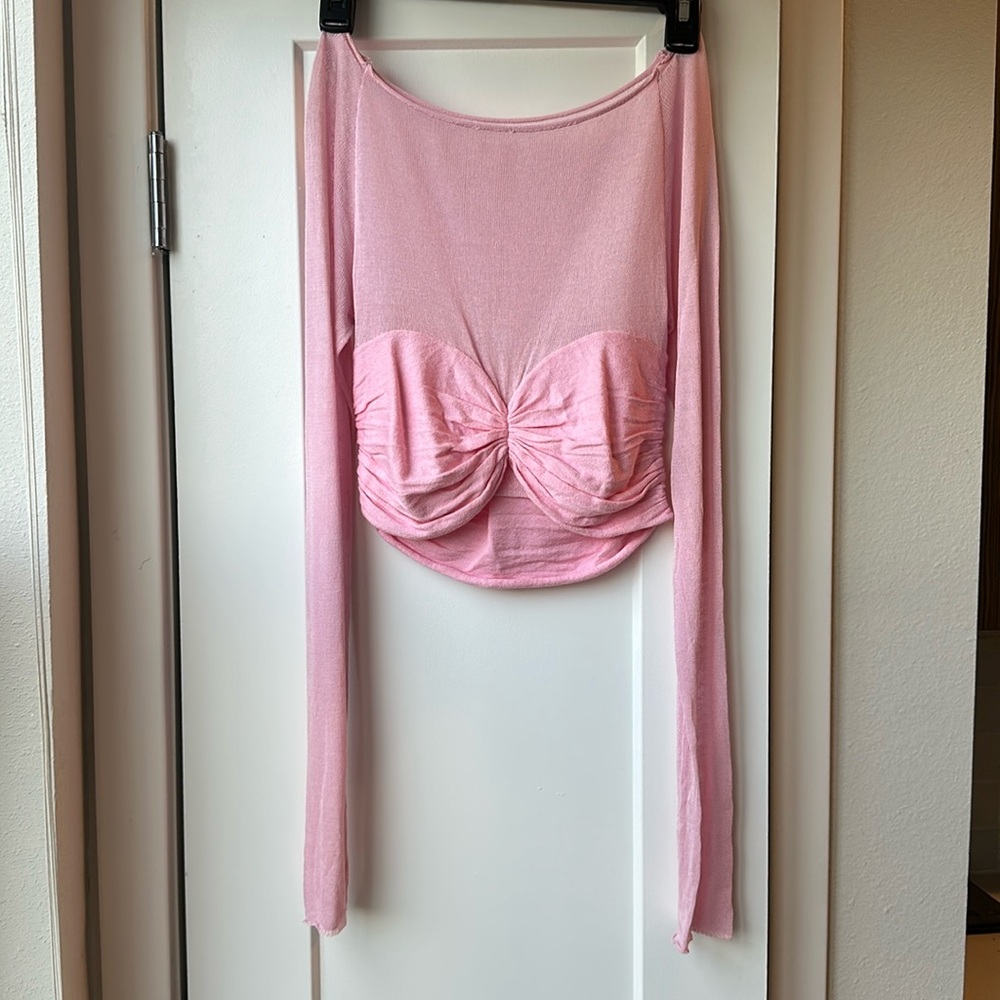 AMAZON Pink Sheer Knit Off The Shoulder Crop Top